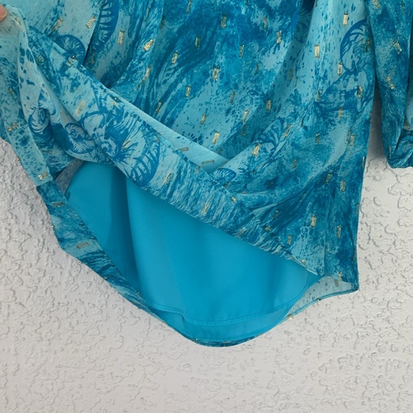 White House Black Market teal on/off the shoulder clip dot lined blouse size XS - Picture 5 of 9